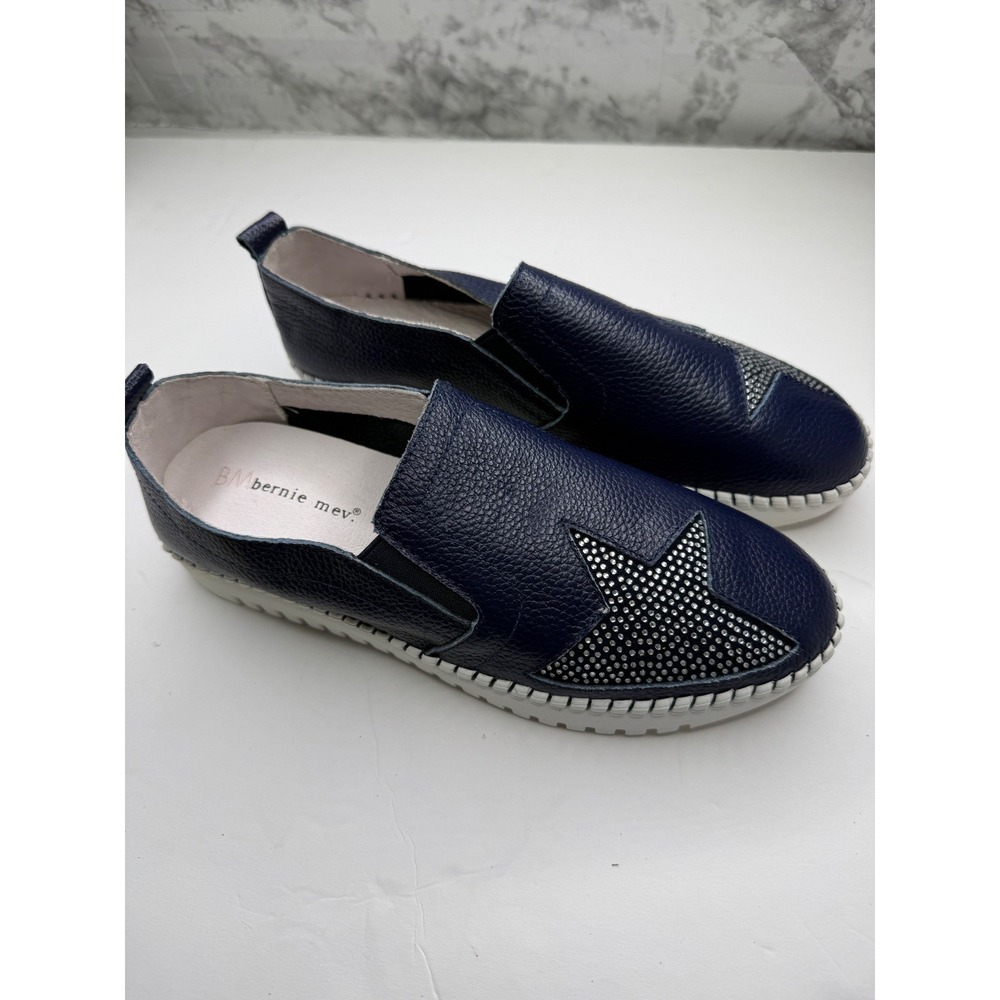 Bernie Mev TW110 Navy Blue Leather Rhinestone Star Slip On Sneakers Womens 39